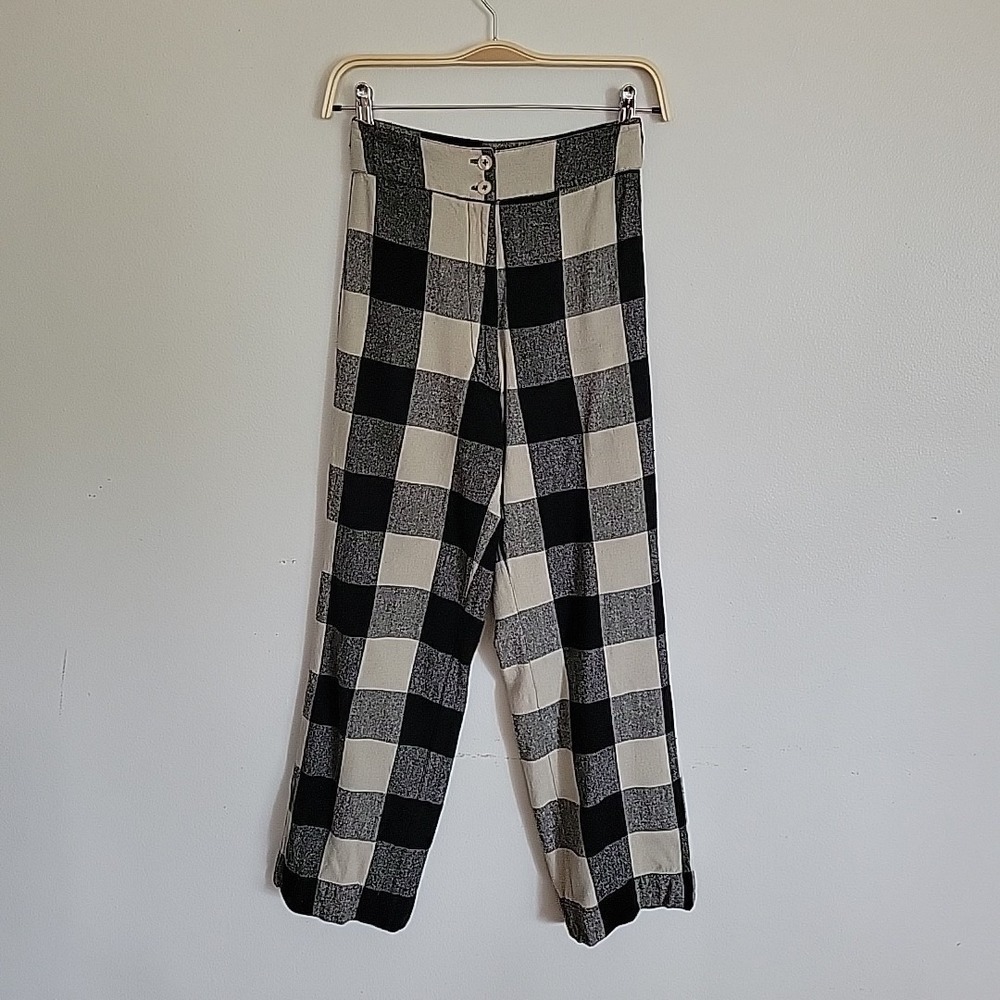 Ali Golden Silk Fly Front Pants XS Black Cream Plaid High Rise Academia Retro